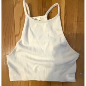 Bozzolo White Ribbed High Neck Crop Top Tank S/M ST61697 Seamless Stretch